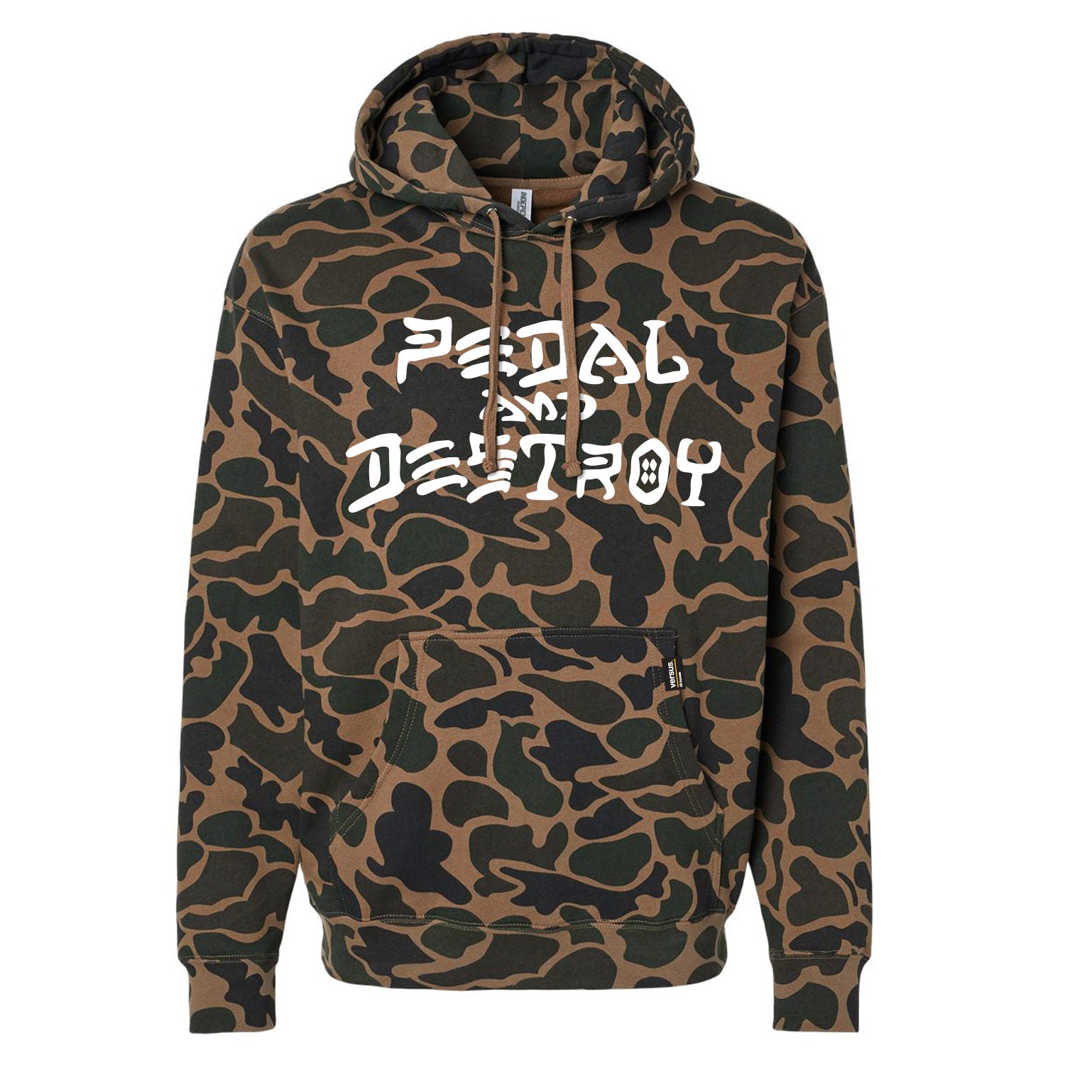 Camouflage hoodie with 'Pedal and Destroy' text on a white background