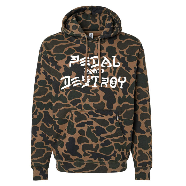 Camouflage hoodie with 'Pedal and Destroy' text on a white background