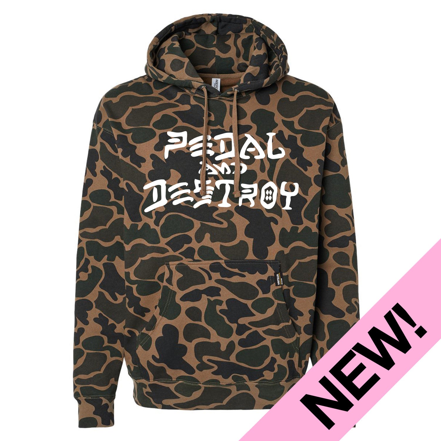 Camouflage hoodie with 'Pedal and Destroy' text on a white background