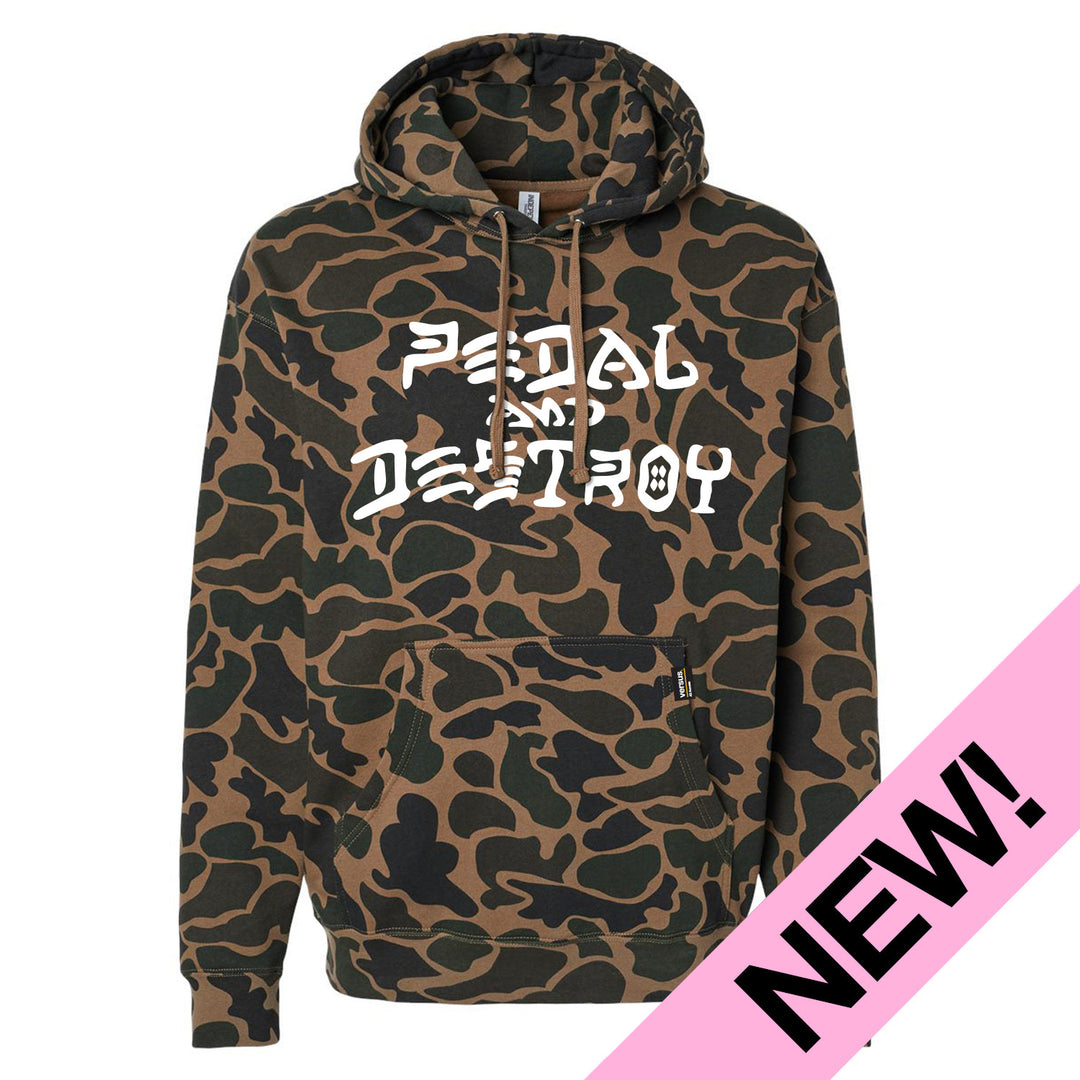 Camouflage hoodie with 'Pedal and Destroy' text on a white background